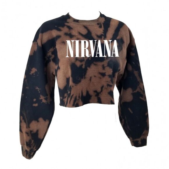 NIRVANA Acid Wash, Distressed "Cropped" Crop Top Long Sleeve Crewneck Sweatshirt - Picture 2 of 5